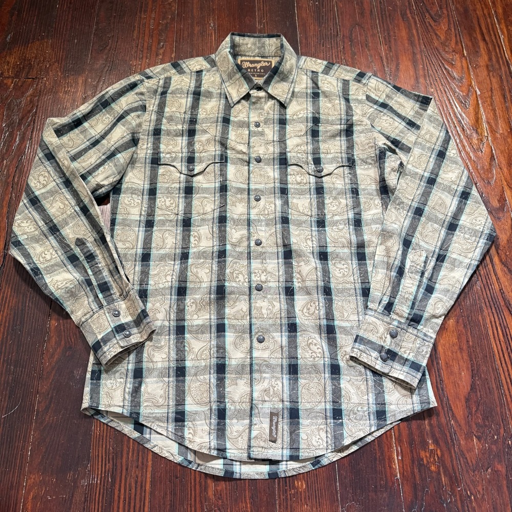 Wrangler Retro Shirt Mens Small Blue Plaid Paisley Western Pearl Snap Rodeo